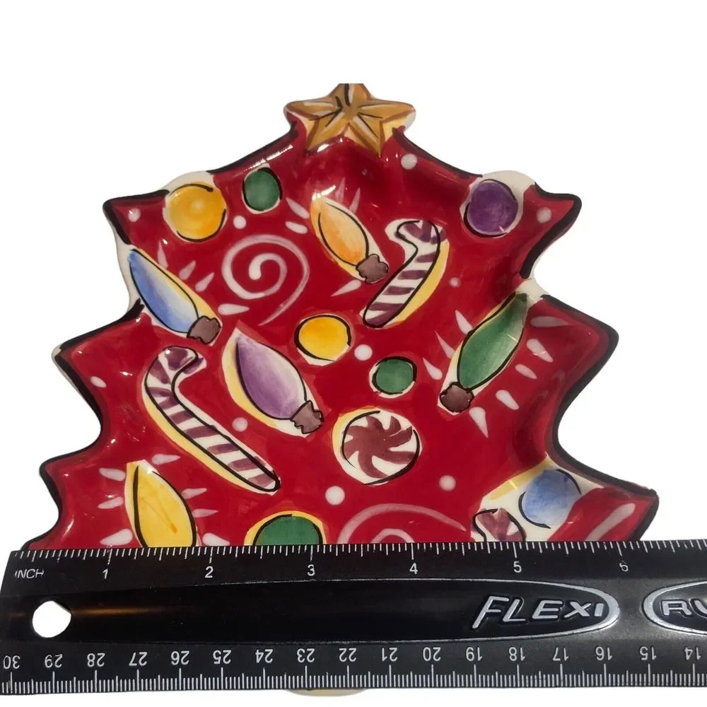 Clay Art Navidad Christmas Tree Snack Bowls 5 Plates Hand Painted StoneLite 2003
